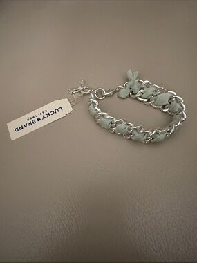 Lucky Brand Silver Chain Bracelet with Sage Fabric Weave